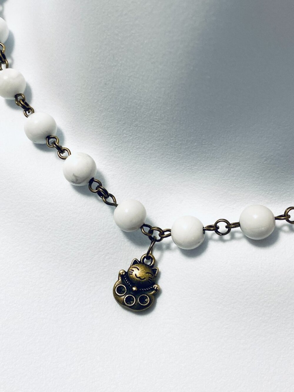 Genuine White Magnesite Short Necklace, Natural Gemstone & Bronze Fortune Cat